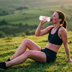 A woman drinking water after a workout.