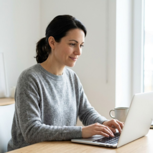 A woman concentrating on working at her desk.