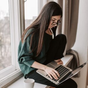 A woman concentrating on work.