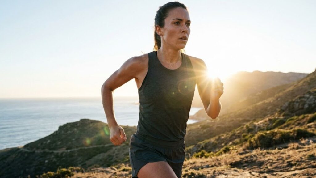 A woman running outside.